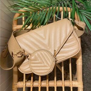 Tan Quilted Chevron Crossbody Bag with Coin Pouch